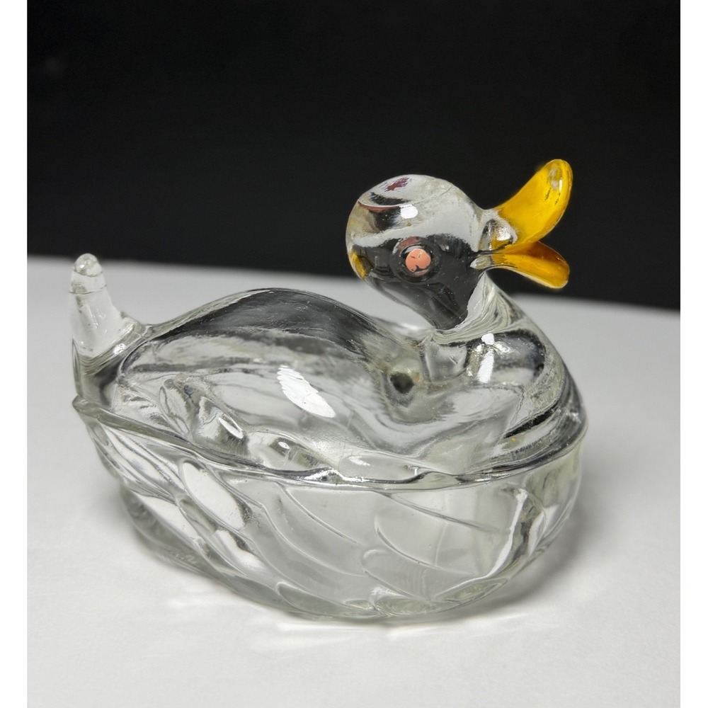 VTG Jeanette Clear Pressed Glass Duck Dish Hand Painted Accents 2 Piece Set 50s